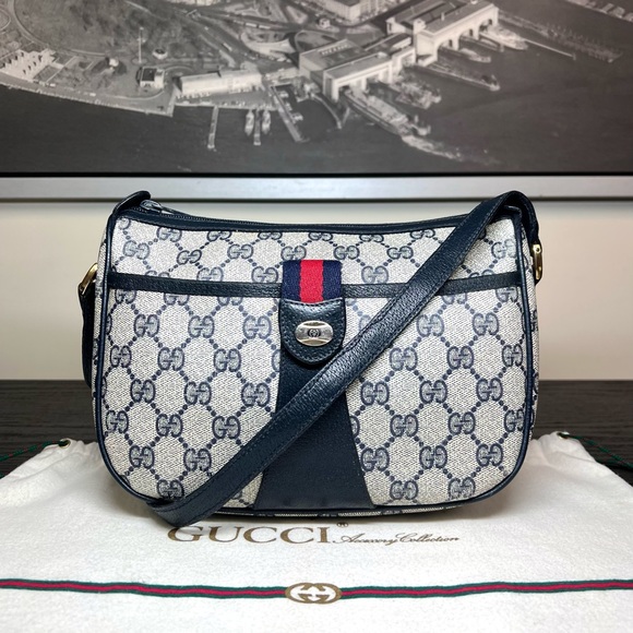 GUCCI GG Canvas Sherry Line Shoulder Bag Gray Red Navy - Picture 1 of 14